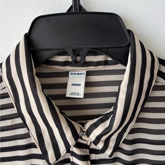 Old Navy Button Up Top Stripe Black Beige Pocket Sheer Women M Minimalist Office - Picture 5 of 11